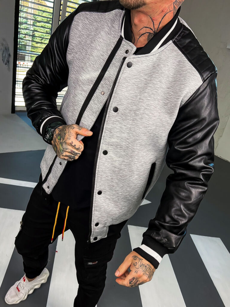 Ležérny baseballový bomber s koženkovými rukávmi+