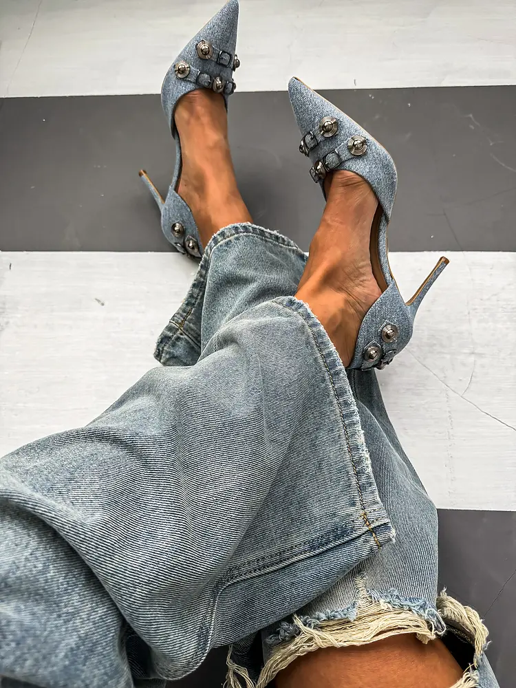 Denim lodičky so striebornými ozdobami ADORA- - next