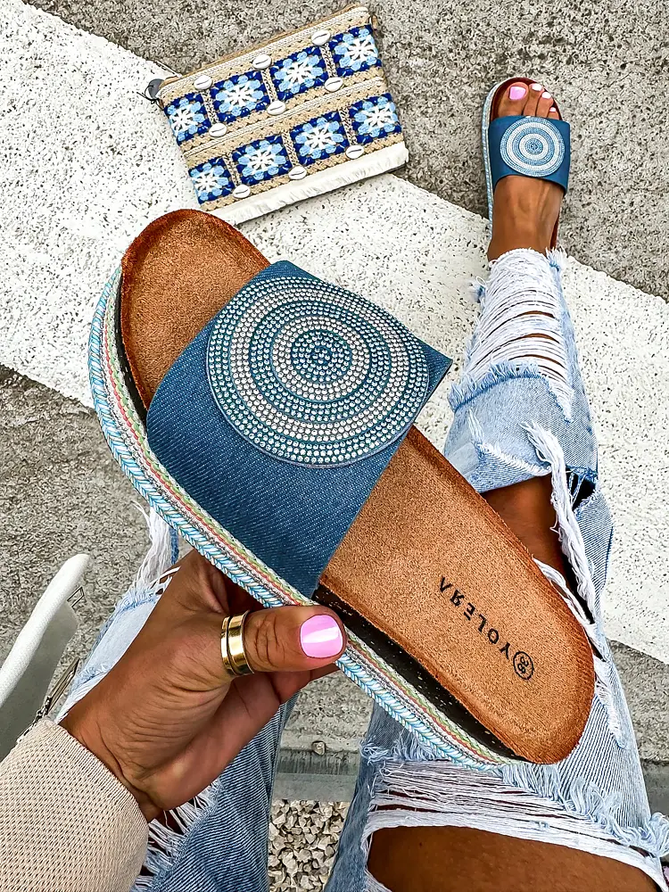 Denim šľapky zdobené kamienkami DORITA-