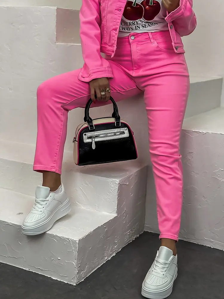 Neon pink mom fit rifle s vysokým pásom