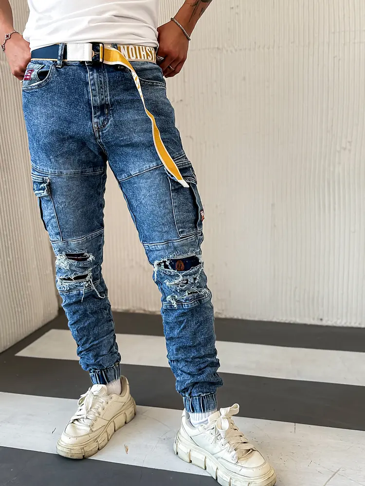 Roztrhané pánske cargo rifle s opaskom - next