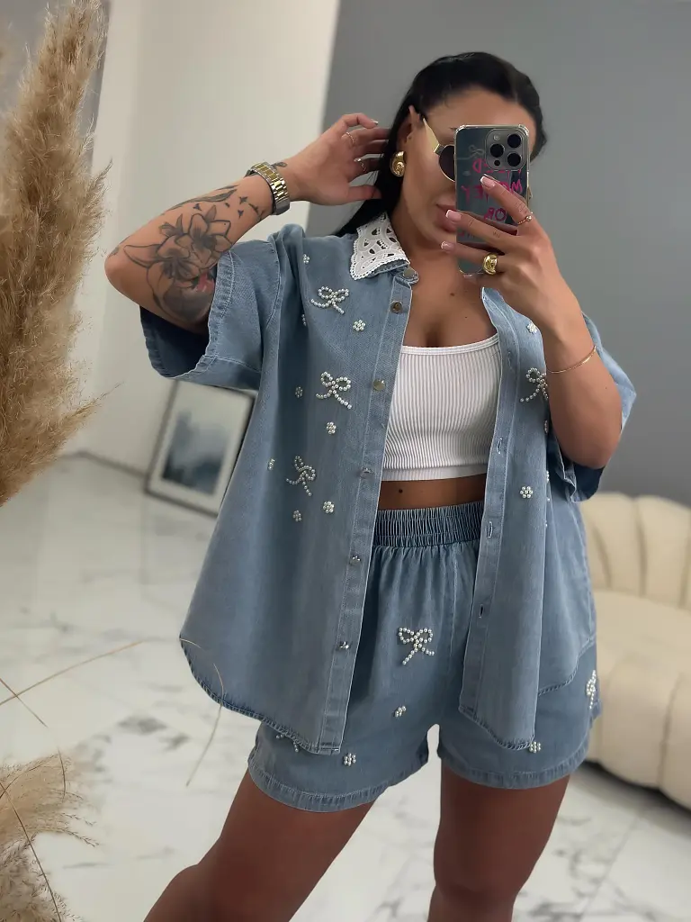 Elegantný dvojdielny denim komplet s korálkami VERUS