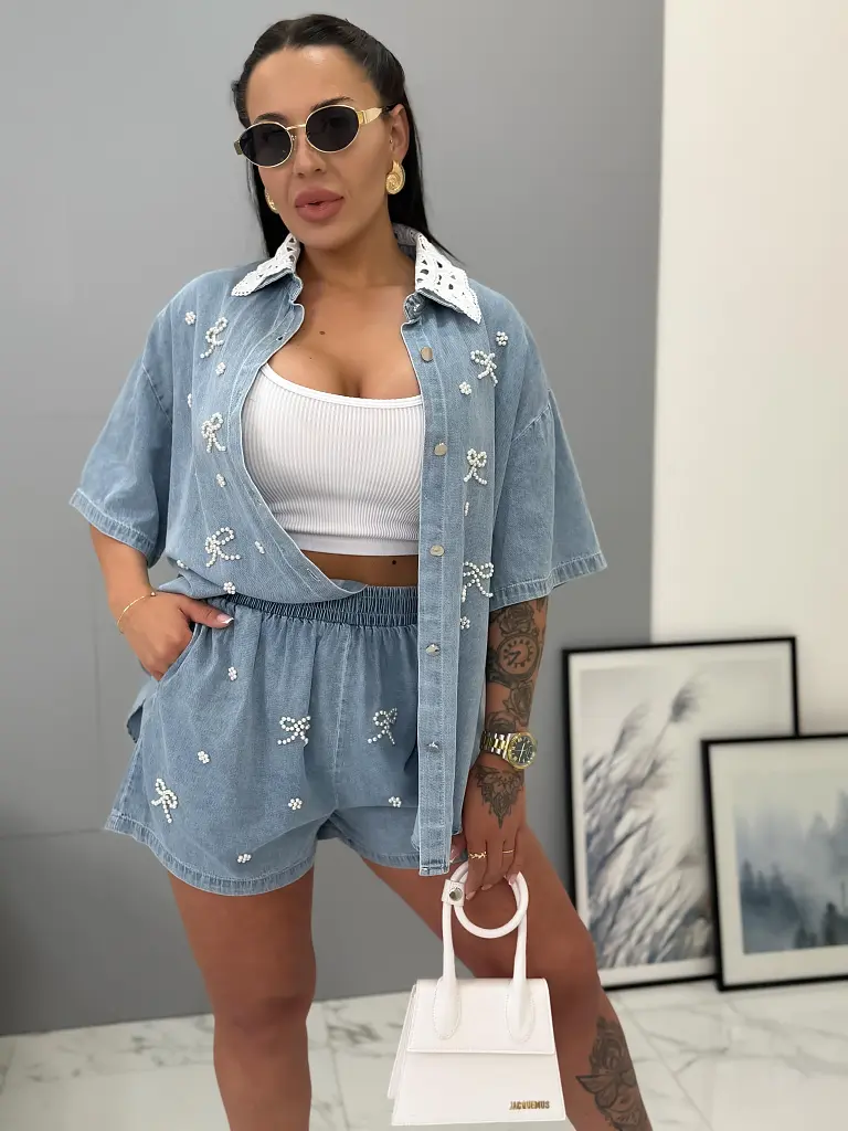 Elegantný dvojdielny denim komplet s korálkami VERUS - next