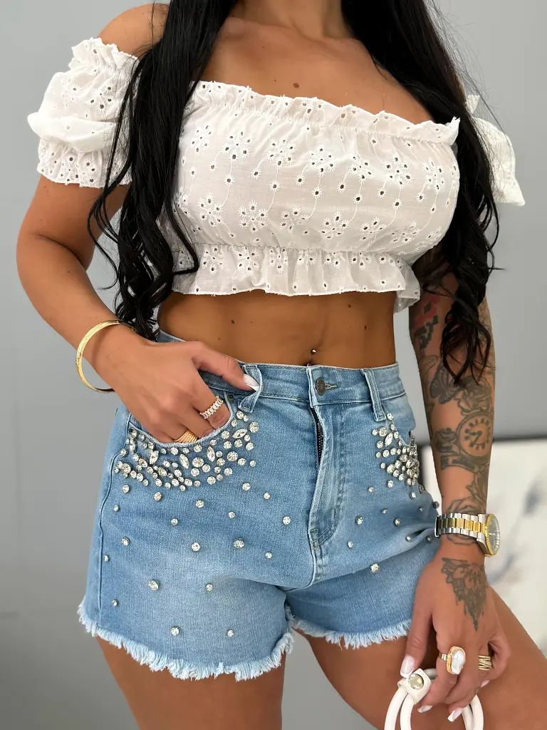Denim šortky zdobené kamienkami BAILA