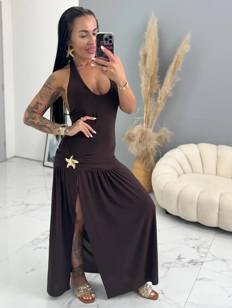 Hnedé dlhé šaty na viazanie s predným rozparkom ANJALI