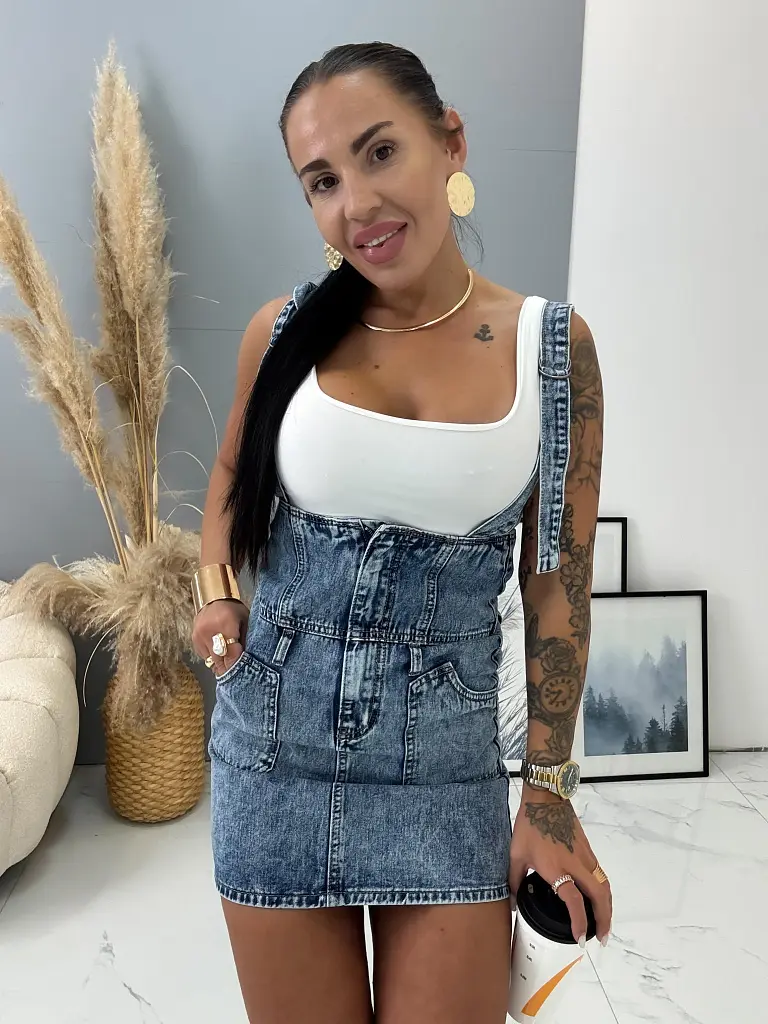 Denim sukňa na traky s vysokým pásom BETKA - next