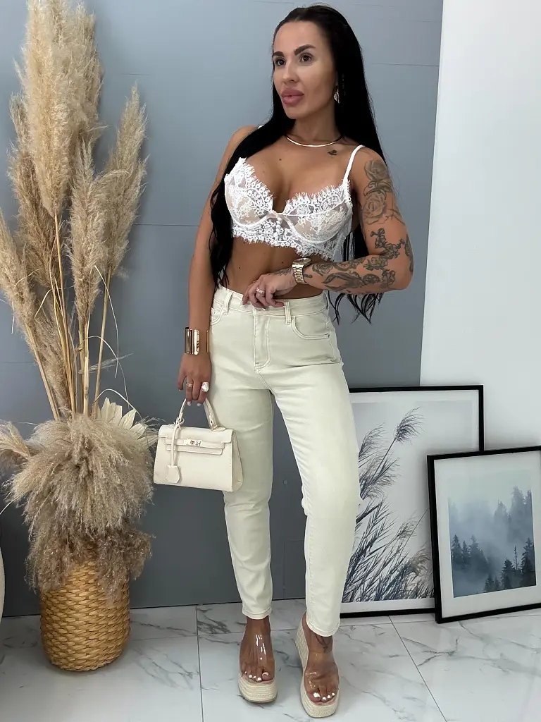 Béžové mom fit rifle s vysokým pásom - next