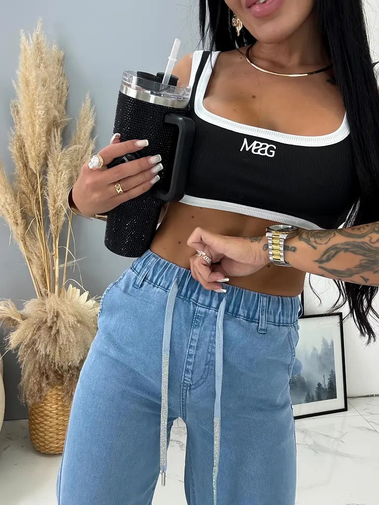 Modré wide-leg rifle s gumeným pásom 