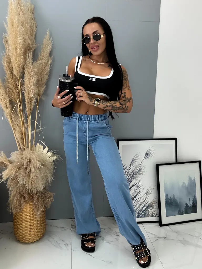 Modré wide-leg rifle s gumeným pásom  - next