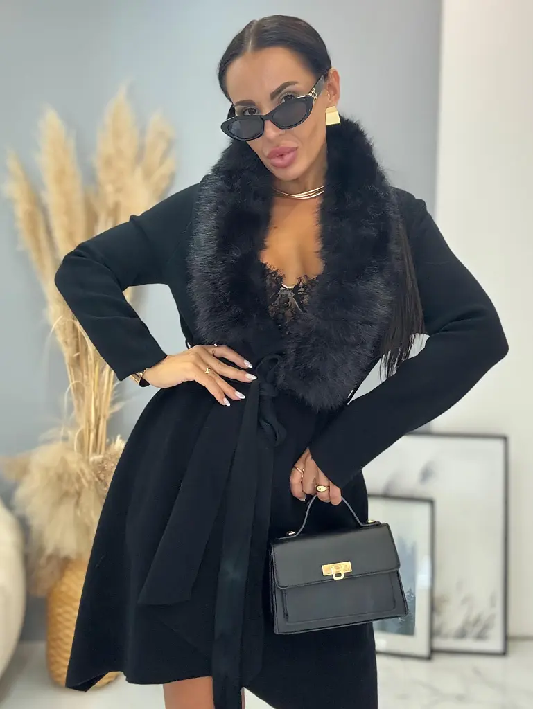 Čierny kardigán s kožušinou a opaskom FAYE