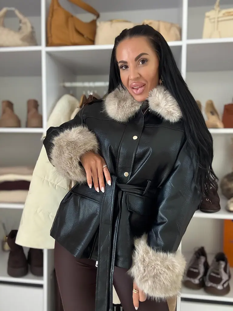 Kožená bunda s kožušinou a opaskom JASMINE