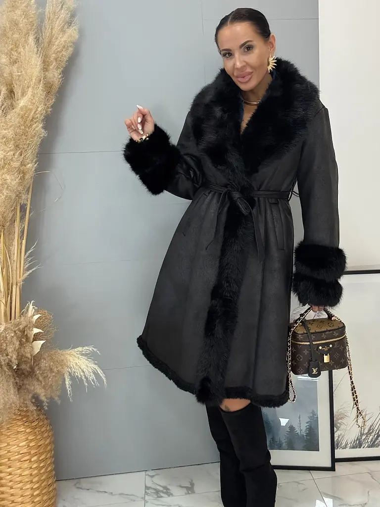 Velúrový dlhý kabát s kožušinou ANYTA