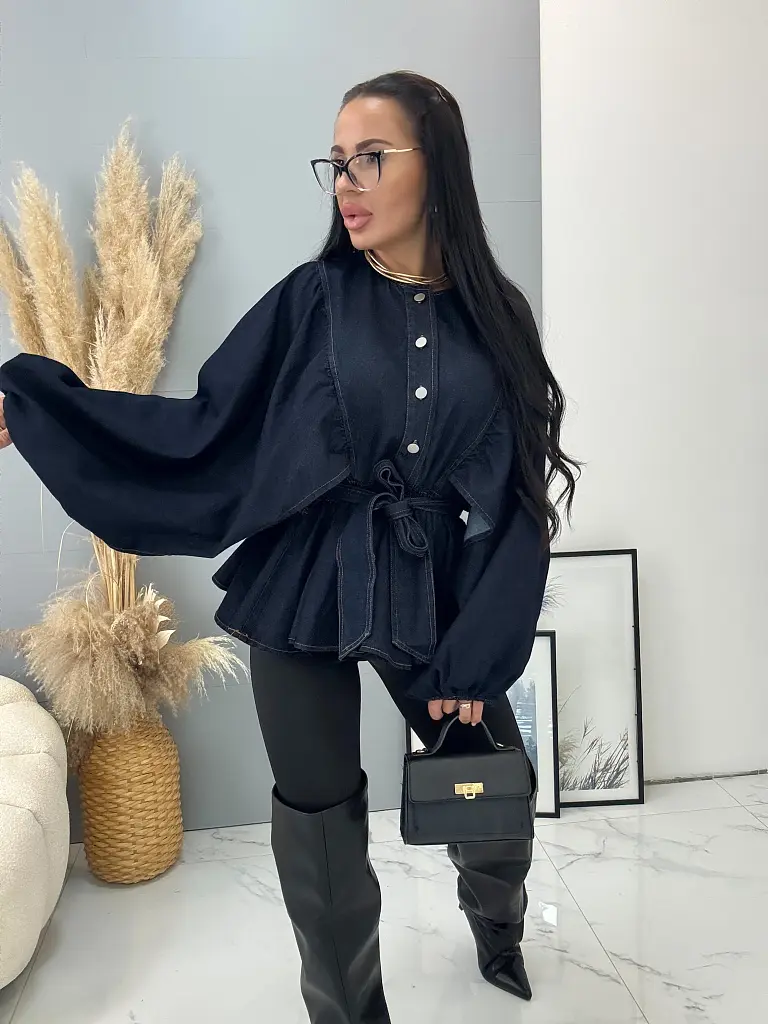 Denim tunika s balónovými rukávmi a opaskom HANHA