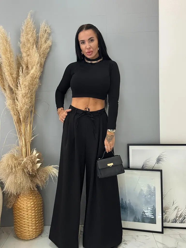 Čierne wide-leg nohavice s opaskom PARINA