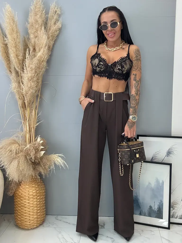 Hnedé wide-leg nohavice s opaskom EVELYNE