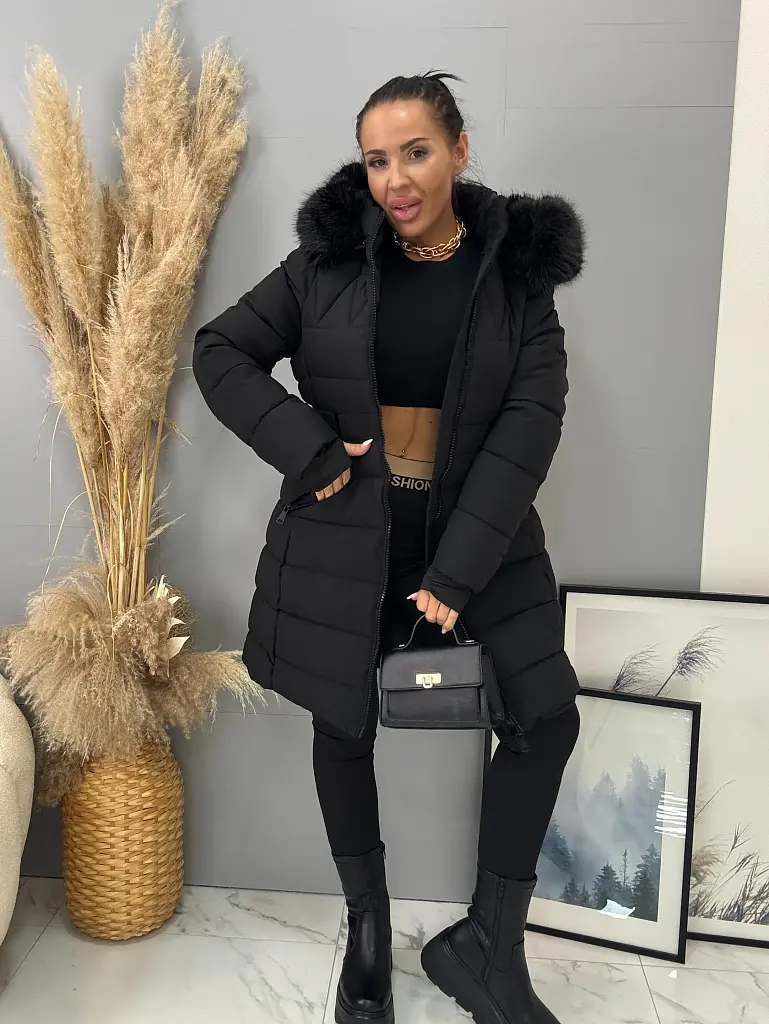 Dlhá bunda s kožušinou a kapucňou EMALIA - next