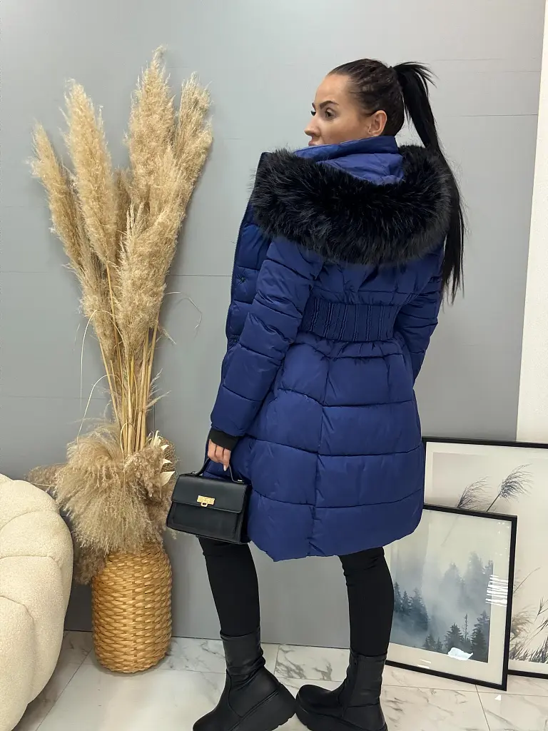 Dlhá štepovaná modrá bunda s kapucňou MYRA - next