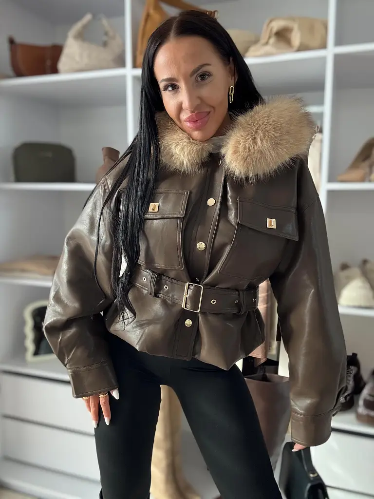 Kožená bunda s kapucňou a opaskom SERENA