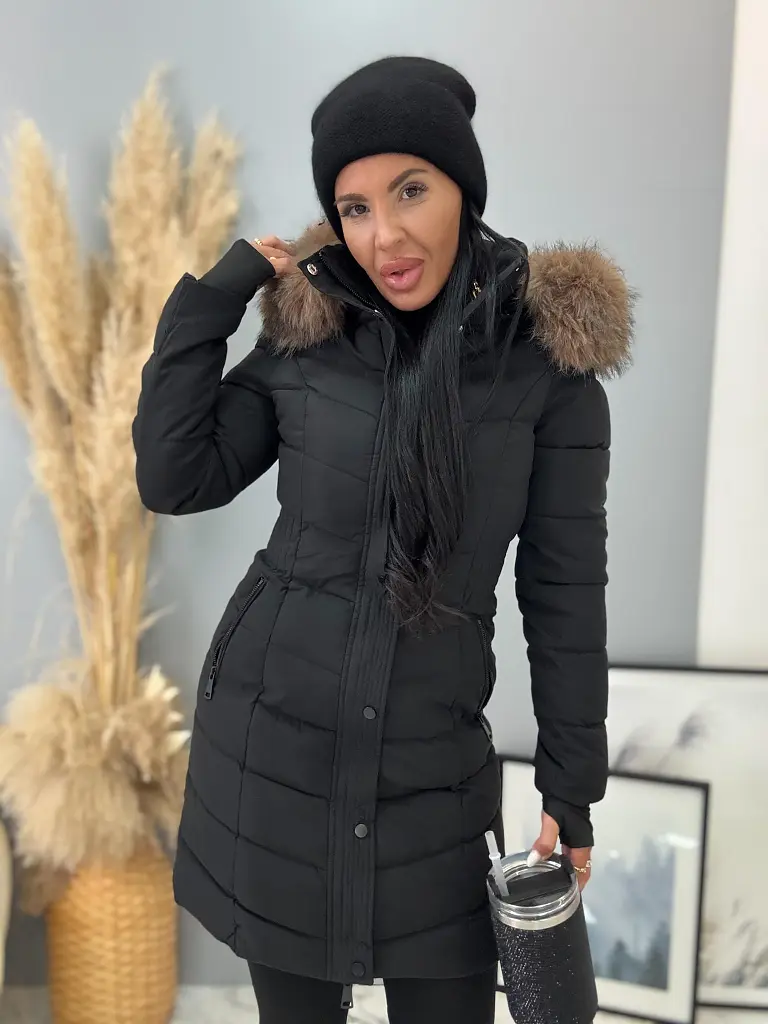 Dlhá štepovaná čierna bunda s kapucňou BABETTE+