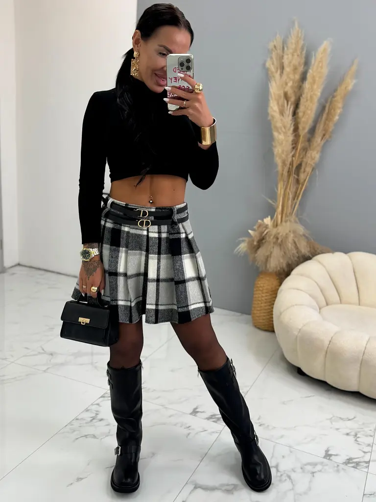 Kockovaná plisovaná sukňa s opaskom CAMBRIA+