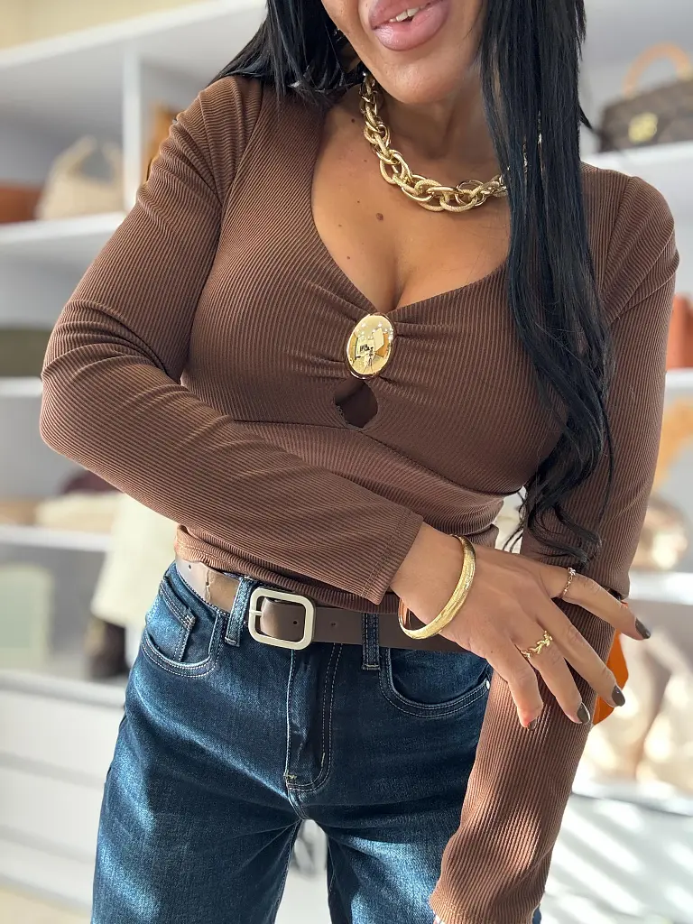 Dámské rebrované tričko s výstužou a zlatou ozdobou RHETA