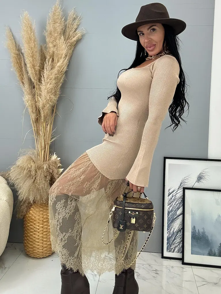 Pletené dlhé šaty z rebrovaného materiálu s čipkou DAYLIN - next