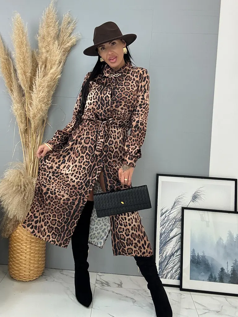 Dlhé šaty s leopardím vzorom na gombíky a opaskom KENDIA - next