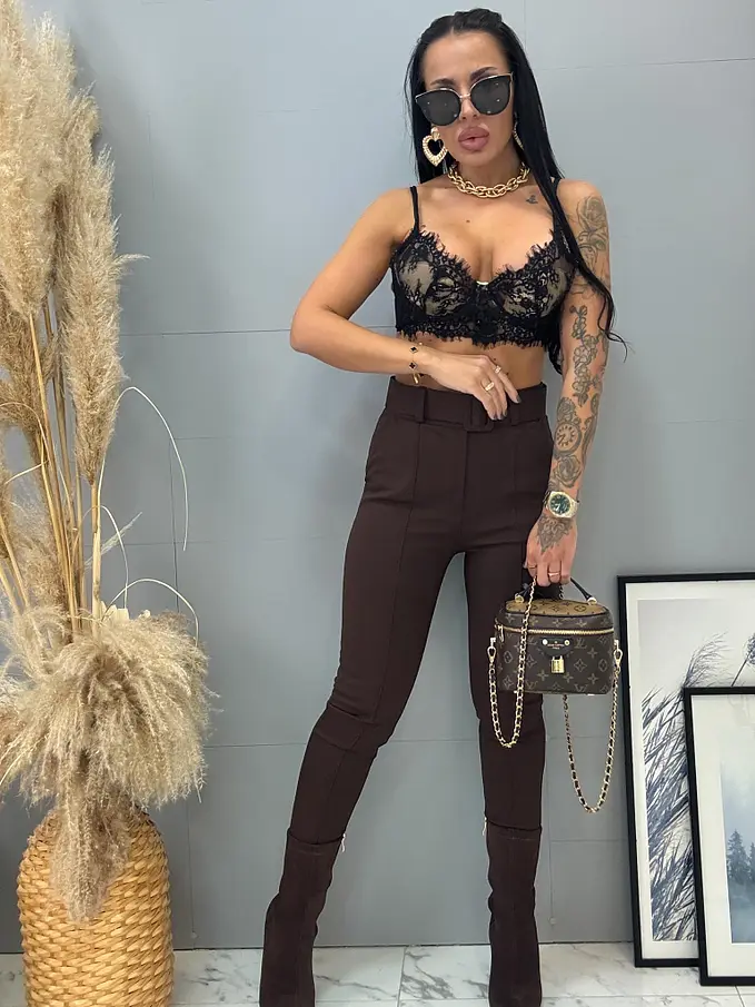 Elastické hnedé dámske nohavice AASHA