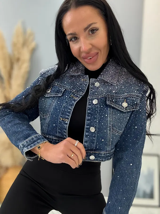 Denim crop kabát s kamienkami SARA