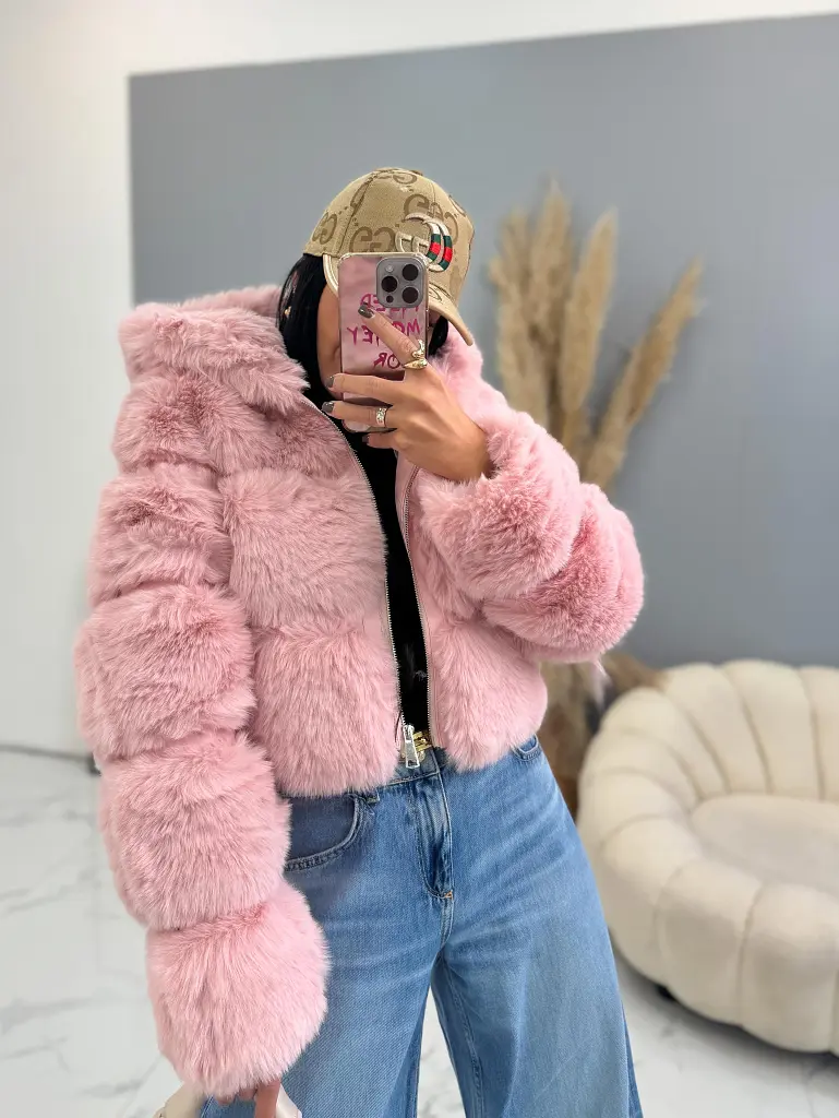 Koženková kožušinová bunda s kapucňou GIANNA - next