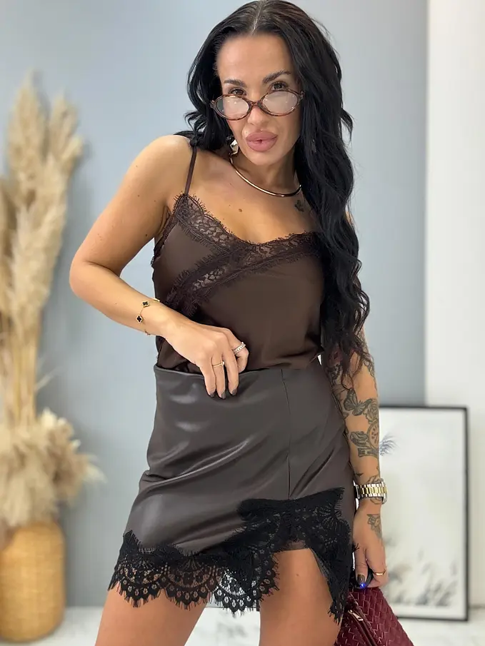 Hnedá koženková sukňa s čipkou ARTEMIS