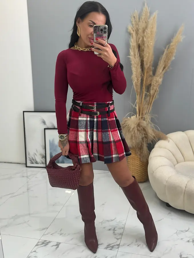 Kockovaná plisovaná sukňa s opaskom RONA+