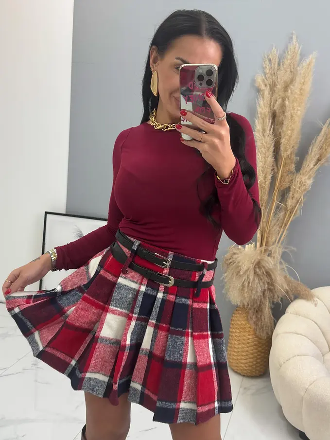 Kockovaná plisovaná sukňa s opaskom RONA+