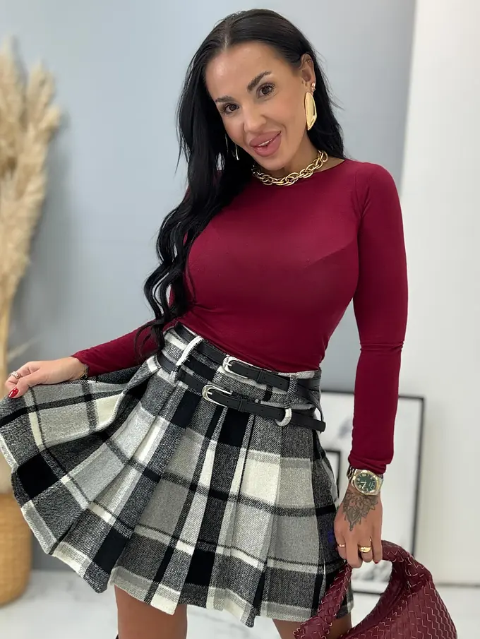 Kockovaná plisovaná sukňa s opaskom RONA+