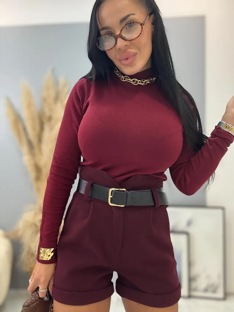 Bordové hrubé šortky s opaskom KALISA