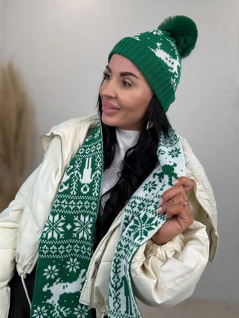 Vzorovaná teplá čiapka s brmbolcom a šálom