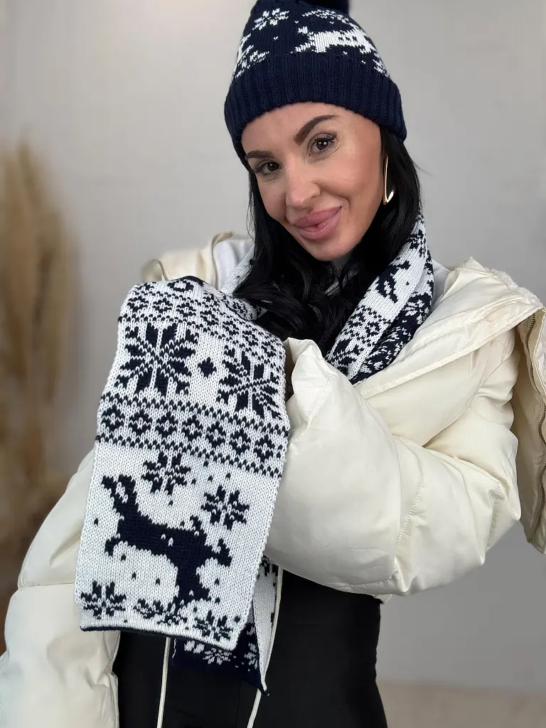 Vzorovaná teplá čiapka s brmbolcom a šálom - next