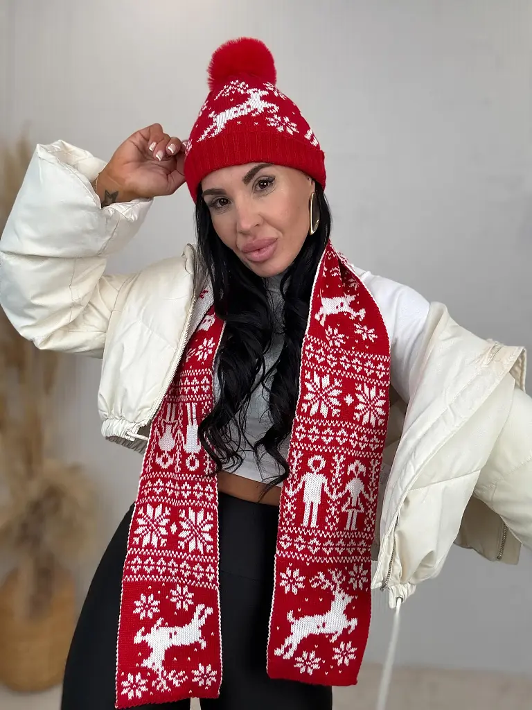 Vzorovaná teplá čiapka s brmbolcom a šálom - next