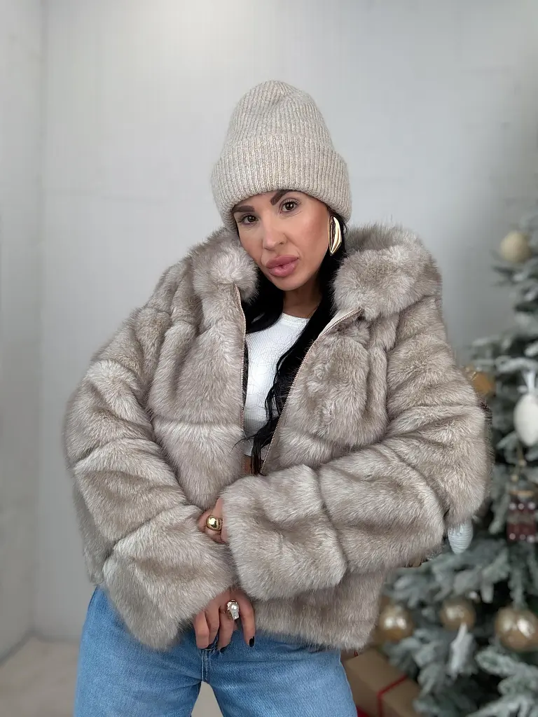 Koženková kožušinová bunda s kapucňou CHERRY