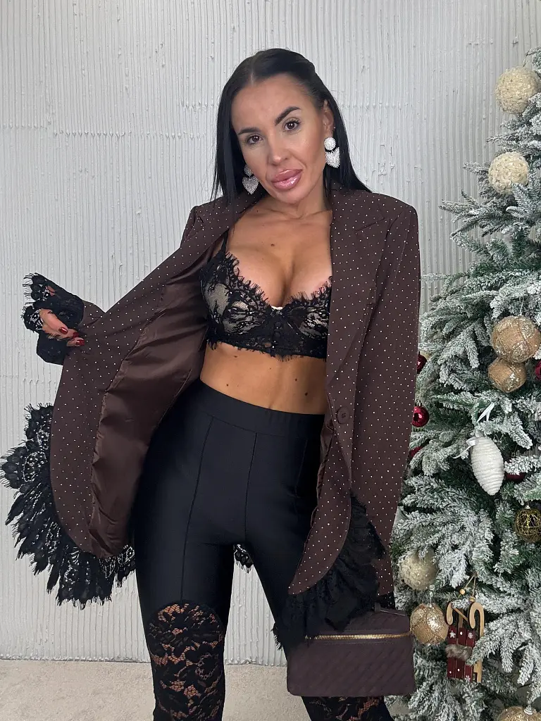 Hnedé trblietavé sako s čipkou SELINA - next