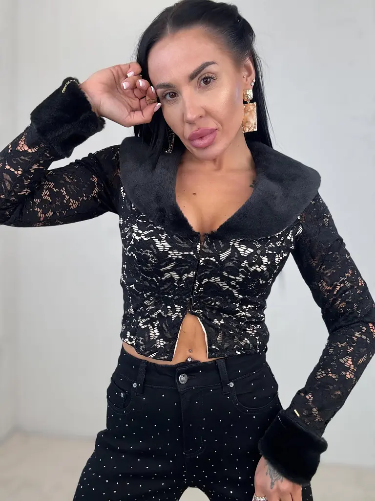 Čipkovaný kardigán s kožušinou ZAIRE