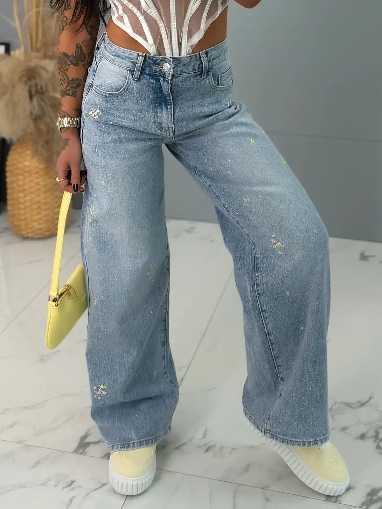 Vysokopásové vyšívané wide leg rifle s kamienkami - next