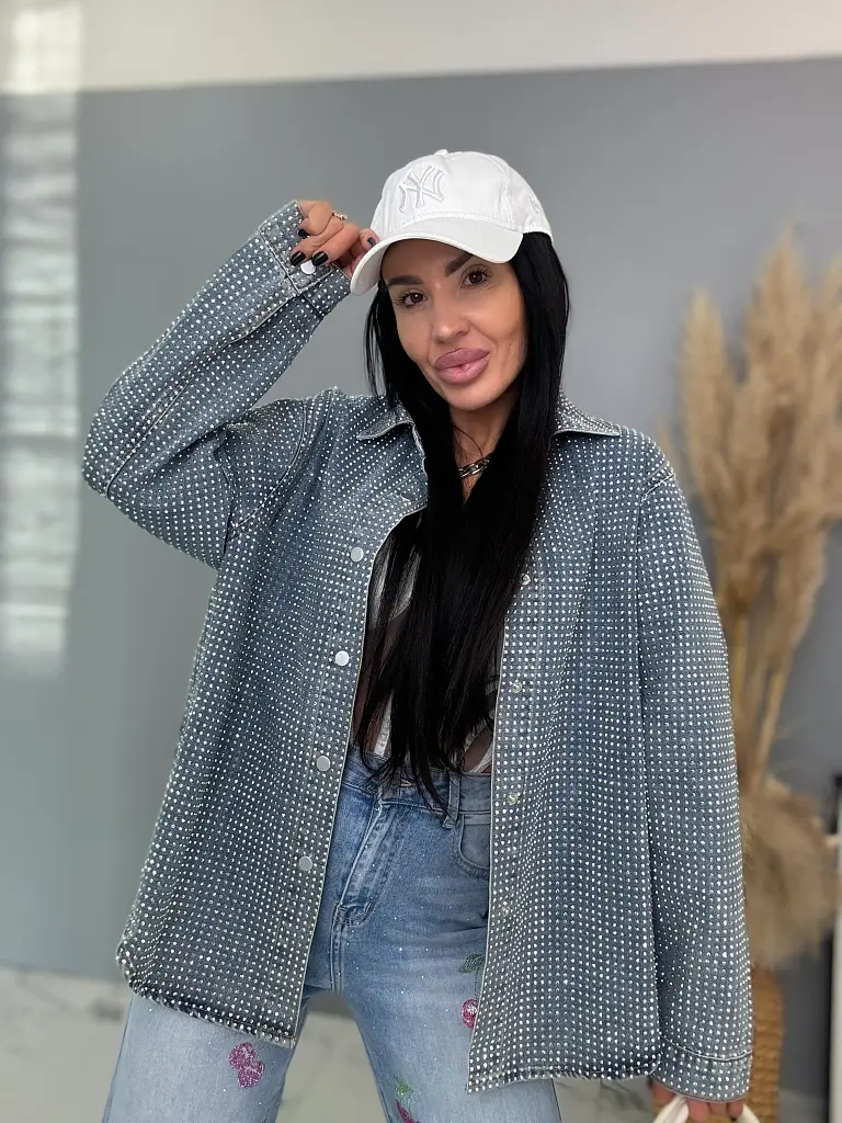 Denimový košeľový kabát s kamienkami ANZIA