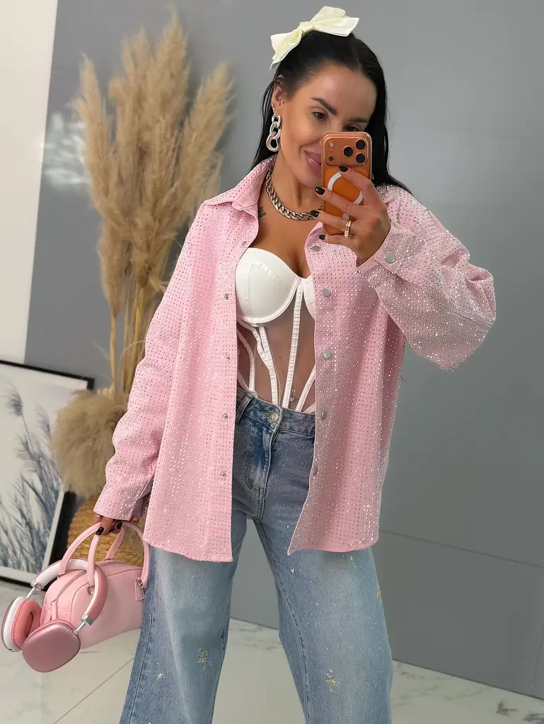 Denimový košeľový kabát s kamienkami ANZIA