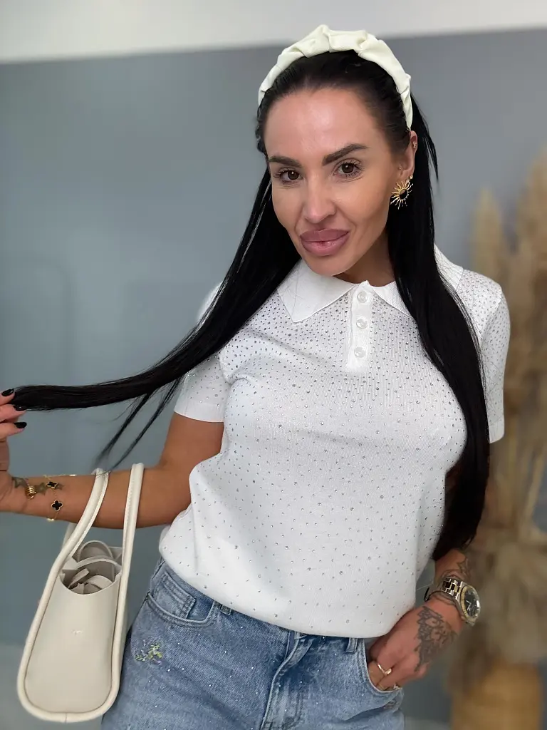 Pulóver s gombíkovou légou zdobený kamienkami LUCIE