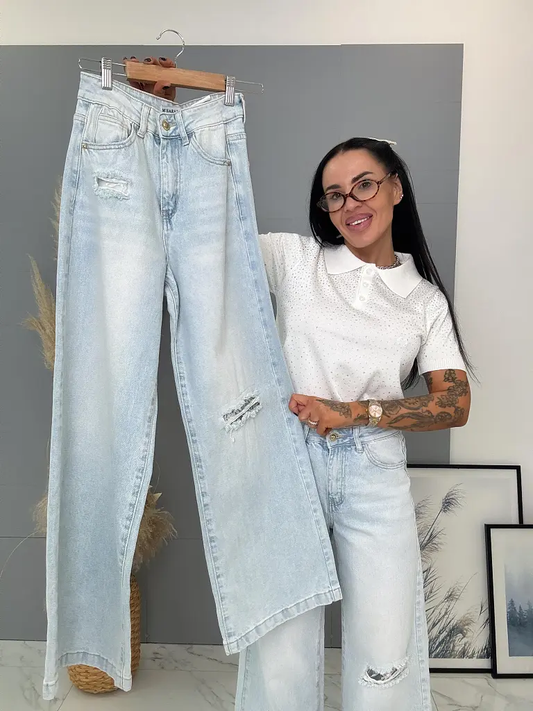 Vysokopásové roztrhané wide leg rifle s čipkou - next