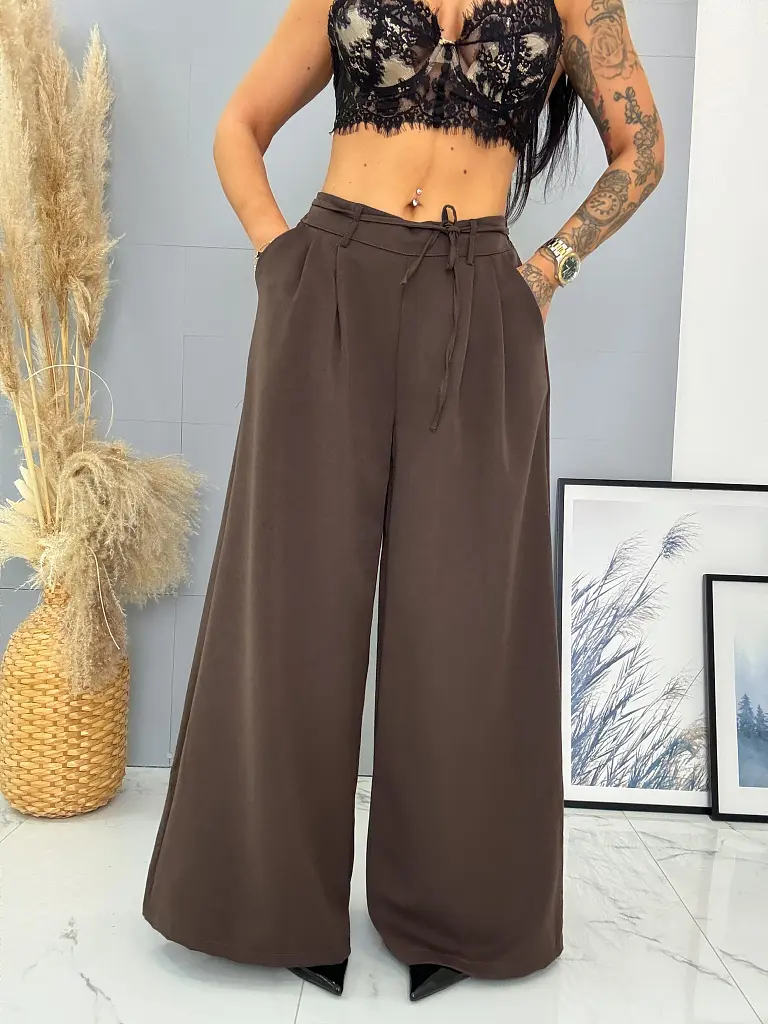 Hnedé wide-leg nohavice s opaskom PARINA