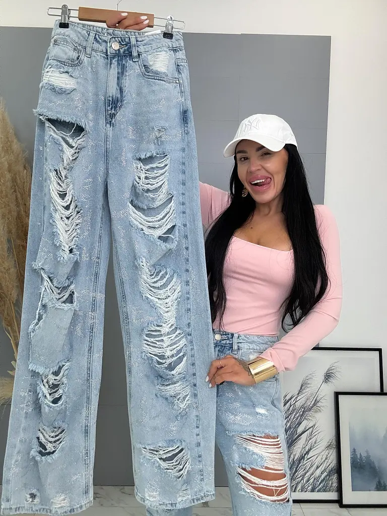 Vysokopásové roztrhané wide leg rifle s kamienkami