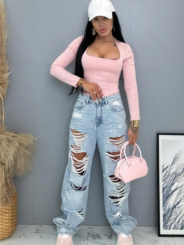 Vysokopásové roztrhané wide leg rifle s kamienkami - next