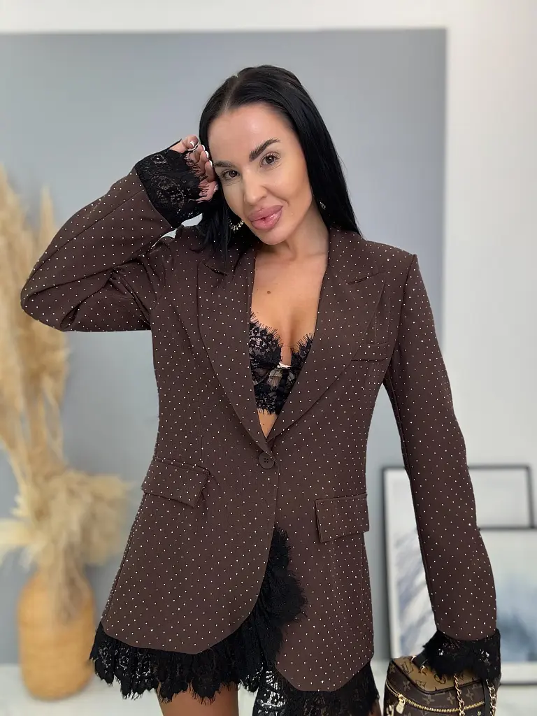 Hnedé trblietavé sako s čipkou SELINA - next